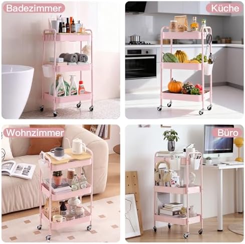 Schwarzer Rollwagen mit 3 Ebenen – Aufbewahrungswagen für Küche, Bad & Wohnzimmer mit abnehmbarem Holztablett und 4 Hake