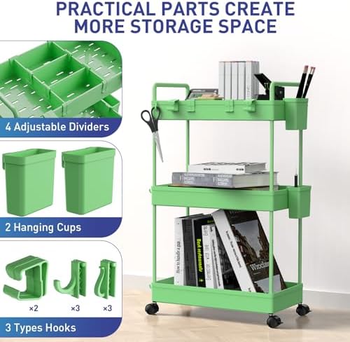 Ronlap Rollwagen Küchenwagen mit 3 Ebenen, praktischer Servierwagen mit Aufhängebechern für Küche und Büro, Schwarz