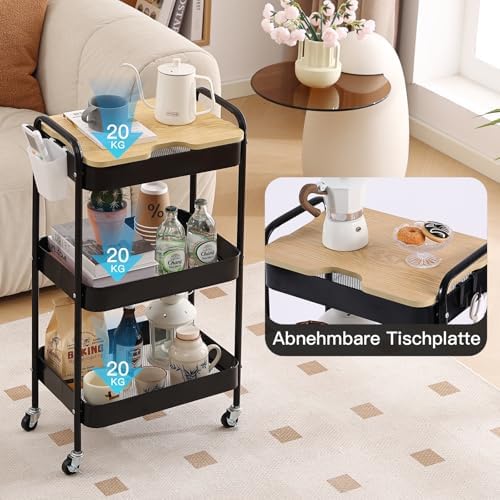 Schwarzer Rollwagen mit 3 Ebenen – Aufbewahrungswagen für Küche, Bad & Wohnzimmer mit abnehmbarem Holztablett und 4 Hake